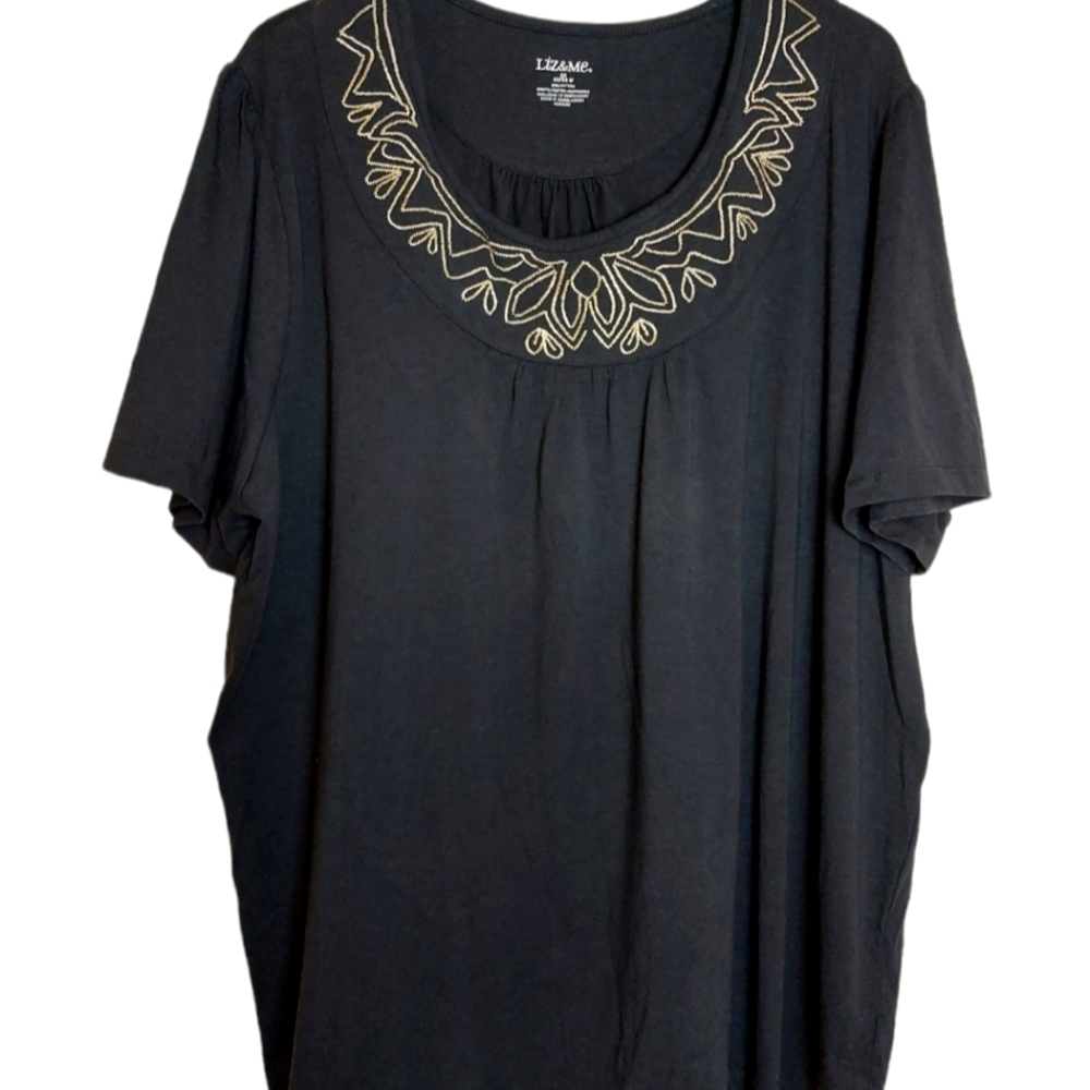NWOT Liz & Me 2X Women's Short Sleeve  Embroidered Black Blouse Floral Boho Top